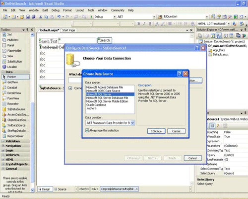 Select DataSource and Provider in ASP.net